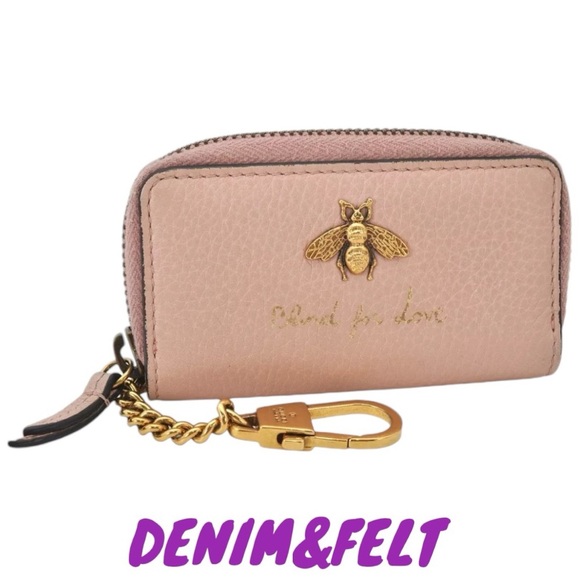 🐝GUCCI Pink Cellarius Calfskin Blind For Love Animalier Zip  Key Case/Pouch - Picture 1 of 16